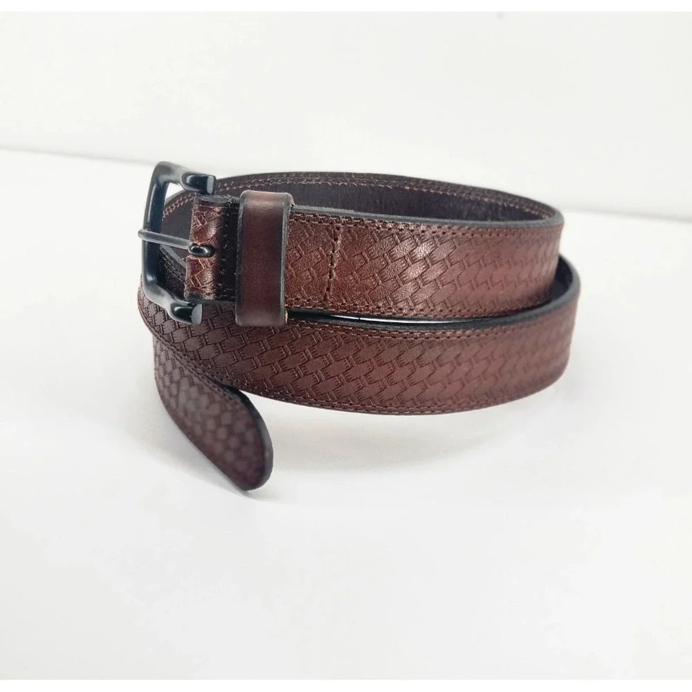 Berne Workwear Mens Brown Basket Weave Leather Belt Black Buckle Size 38 NWT